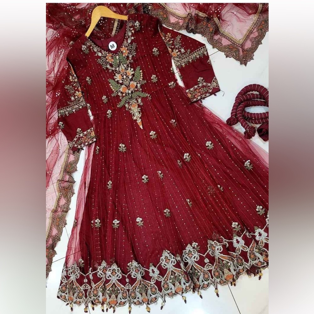 Elegant Burgundy Embroidered Maxi new size medium